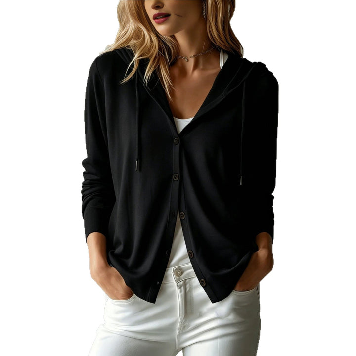 Damen nan leichter Kapuzen-Cardigan mit Knopfleiste und Tunnelzug Drune