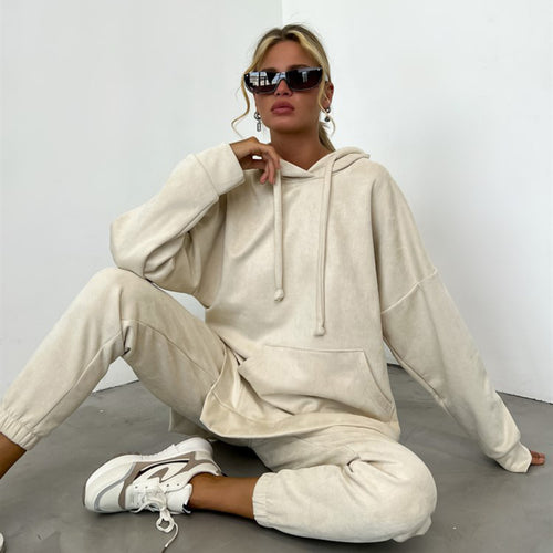 Damen sportliches Fleece-Lounge-Set mit übergroßem Hoodie und elastischen Hosen Drune