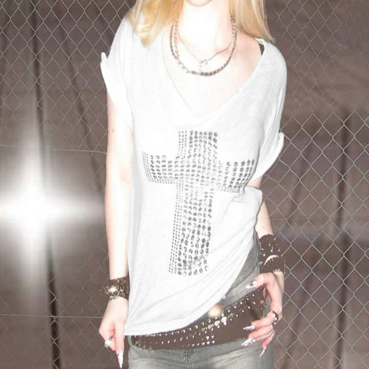 Damen Oversized T-Shirt mit Kristallverzierung und V-Ausschnitt Drune