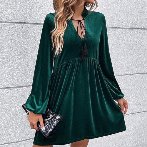 Damen samtiges Babydoll-Minikleid mit Empire-Taille Quastenbindung und langen Glockenärmeln Drune