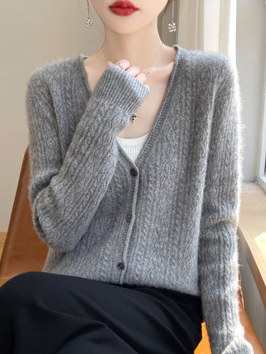Damen Kurzer Zopfmuster-Cardigan im Mohair-Look mit V‑Ausschnitt und gerippten Bündchen Drune