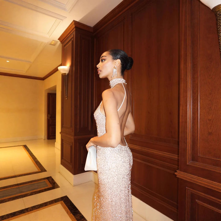 Damen Glamouröses Paillettenkleid mit elegantem Stehkragen und figurbetontem Schnitt Drune