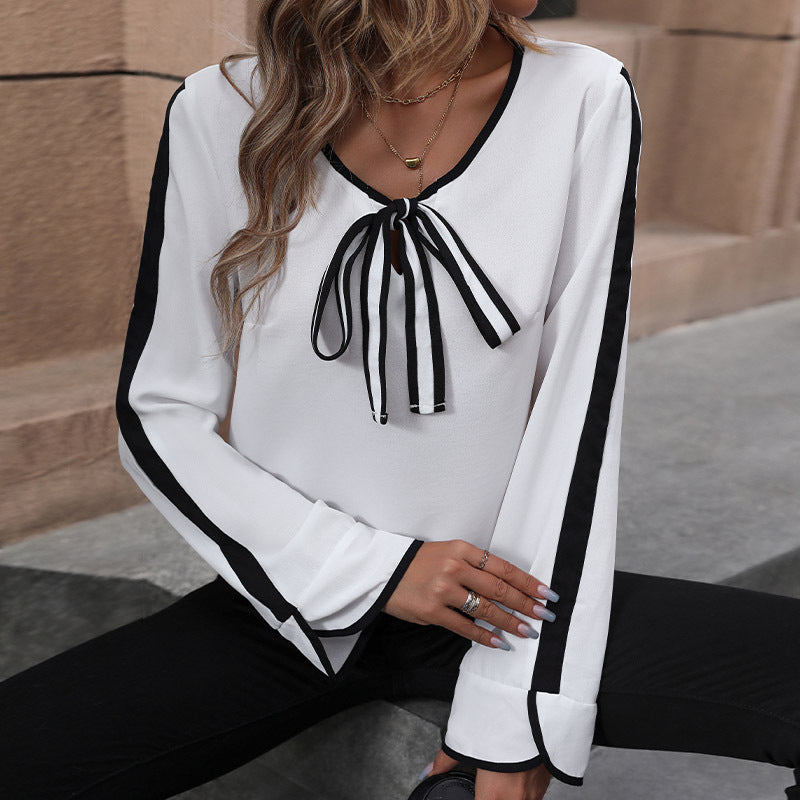 Damen Elegante Chiffon-Bluse mit Kontrastpaspel, SchleifenbindDruneand und Trompetenärmeln Drune