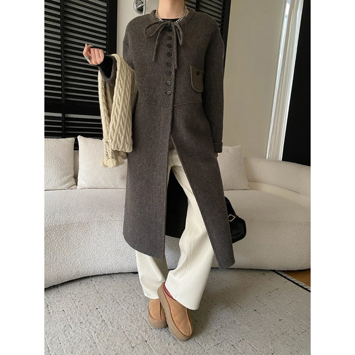 Damen lange Wolljacke mit Knopf- und Kordelzugdetails Drune