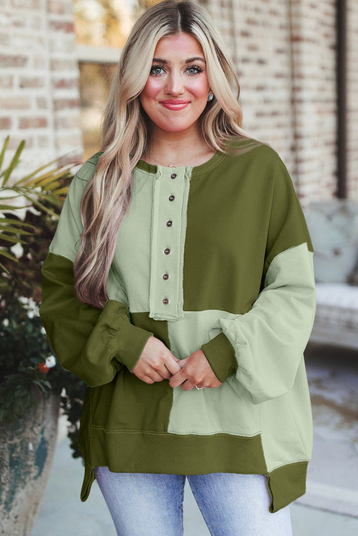 Damen Oversize-Colorblock Sweatshirt mit Henley-Knopfleiste, Ballonärmeln und geripptem Saum Drune