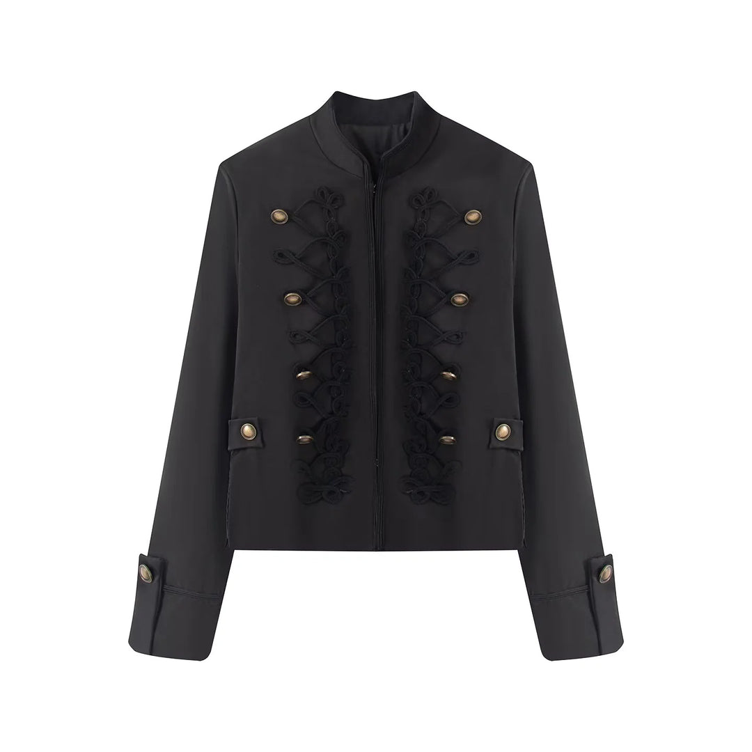 Damen nan kurze Jacke im Uniformstil mit ornamentaler Kordverzierung, Stehkragen und verdecktem Reißverschluss Drune