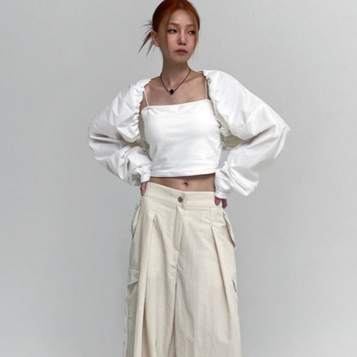 Damen cropped Langarmbluse mit Rüschen Drune