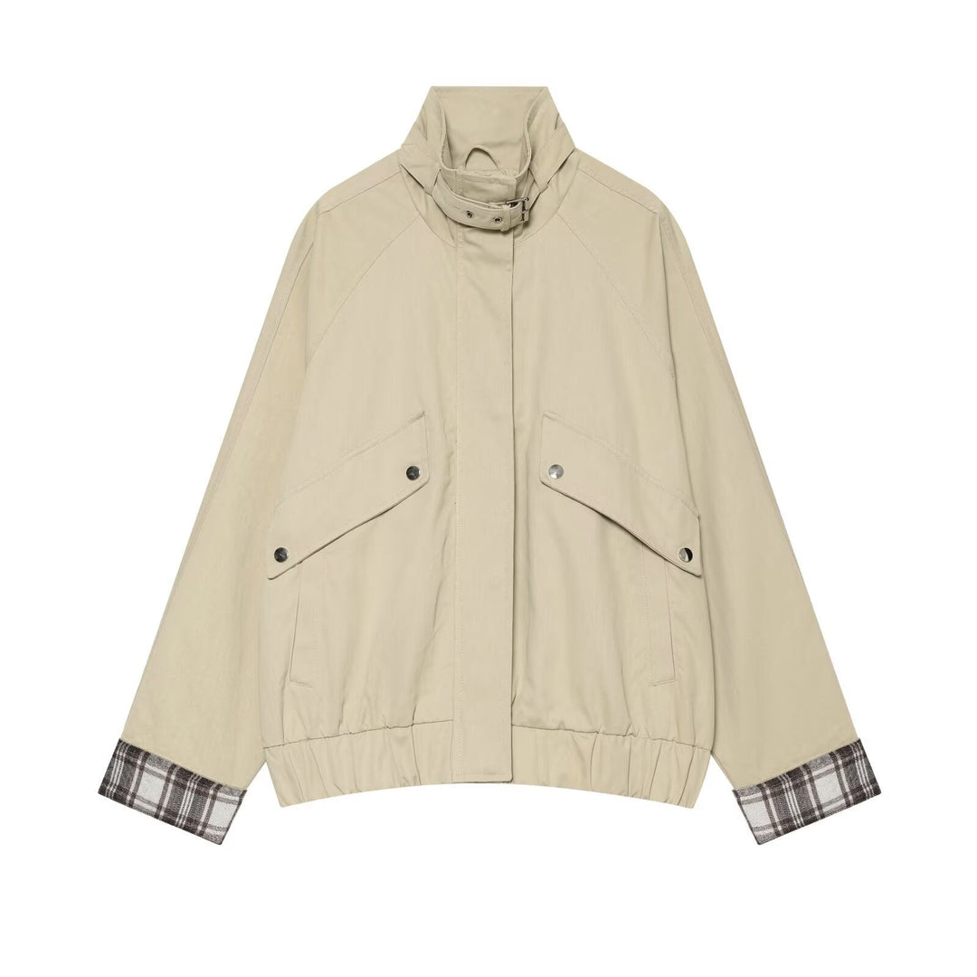 Damen Wasserabweisende Cropped-Utility-Jacke mit hohem Stehkragen und Karodetail an den Ärmelaufschlägen Drune