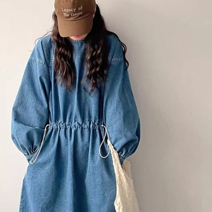 Damen Denim-Midikleid mit Kordelzugtaillierung Drune