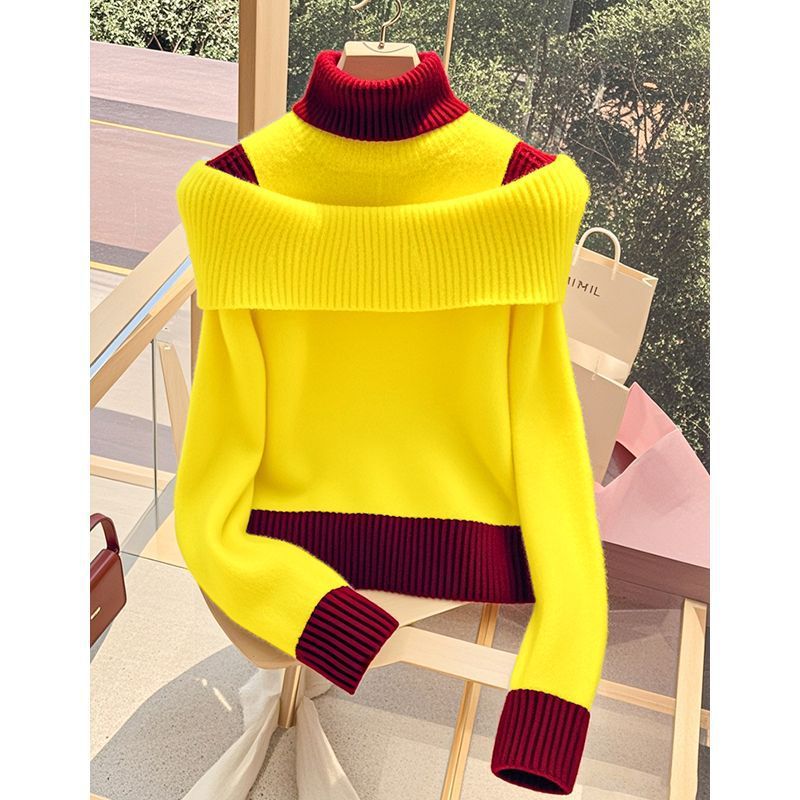 Damen Pullover mit weitem Stehkragen und dekorativem Farbkontrast Drune