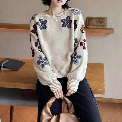 Damen Eleganter Strickpullover mit floralem Stickdesign und lässigem Schnitt Drune