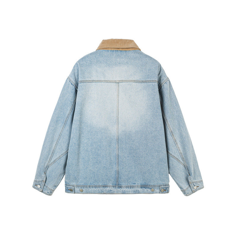 Herren Boxy-Denimjacke im Worker-Stil mit Cordkragen und Frontreißverschluss Drune