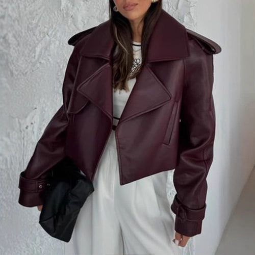 Damen Kunstlederjacke im modischen Biker-Stil mit breitem Revers Drune