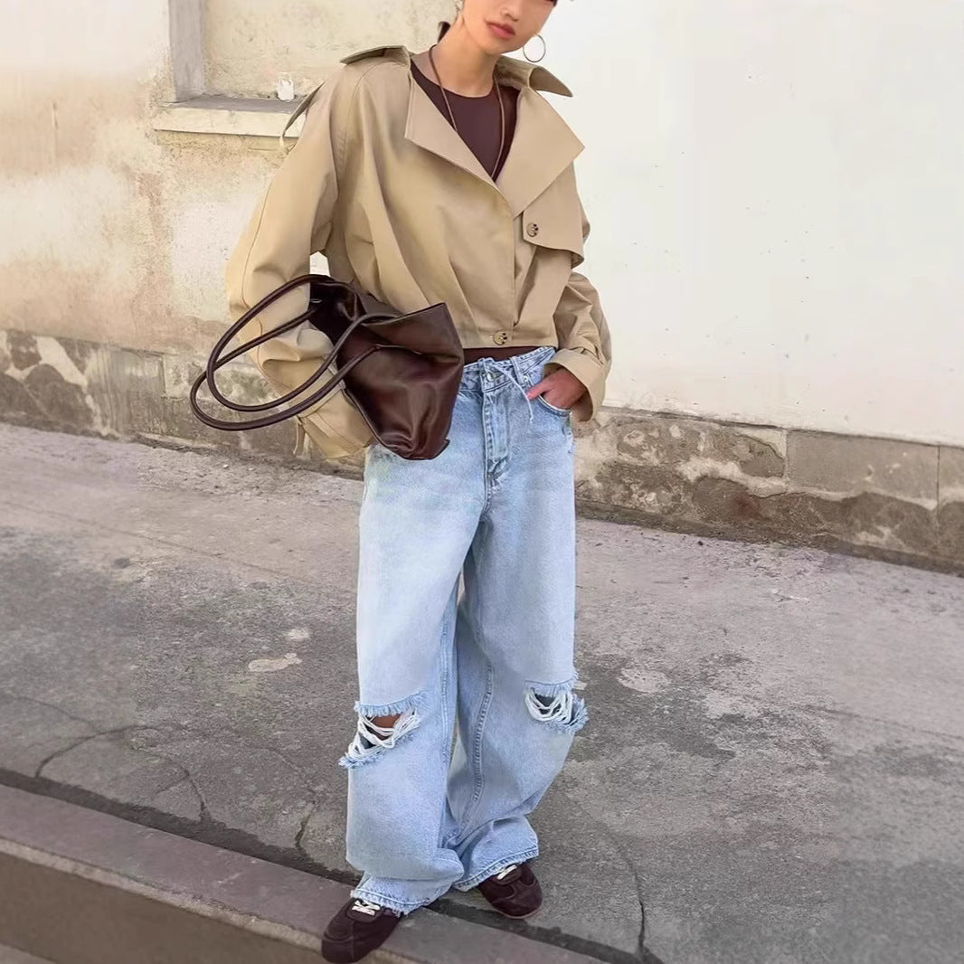 Damen Trendige Cropped Trenchjacke mit innovativen Ärmeln Drune