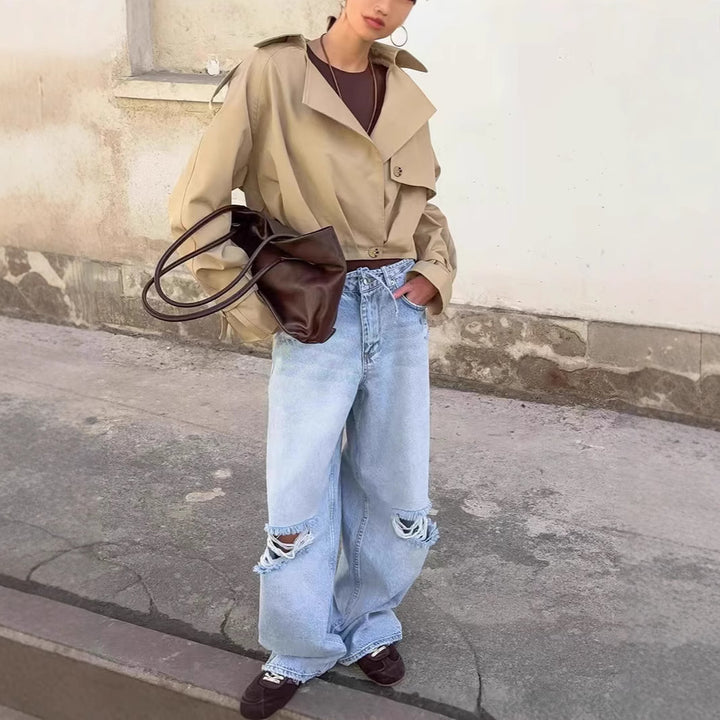 Damen Trendige Cropped Trenchjacke mit innovativen Ärmeln Drune