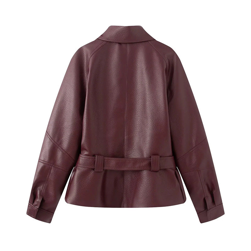 Damen nan taillierte Kunstlederjacke mit Hemdkragen und Bindegürtel Drune