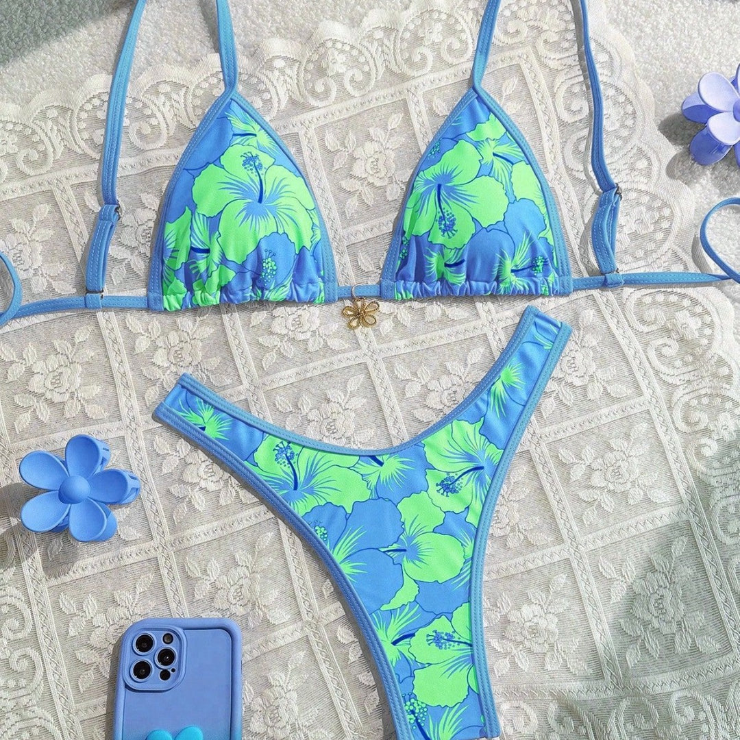 Damen Triangel-Bikini mit floralem Design und verstellbaren Trägern Drune