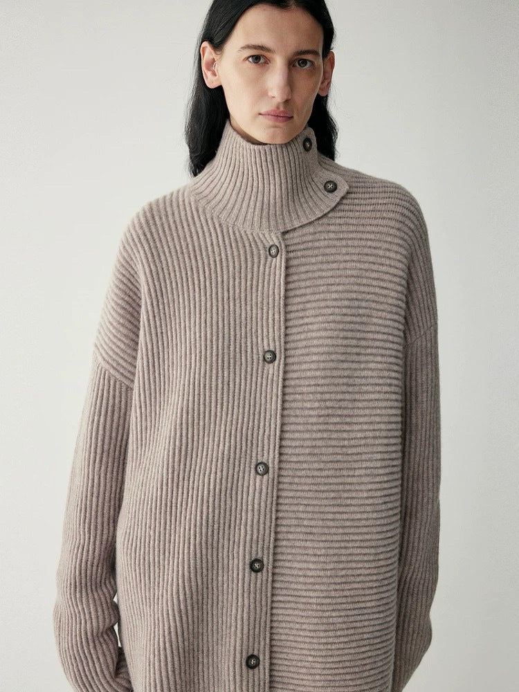 Damen Grobstrickcardigan mit hohem Kragen und Knopfleiste Drune