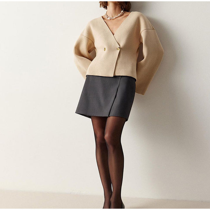 Damen Strickjacke Wickeloptik mit tiefem V-Ausschnitt und Glockenärmeln Drune
