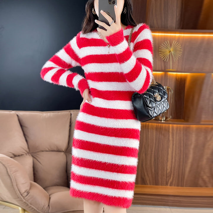 Damen Strickkleid mit modischem Streifenmuster und tiefem V-Ausschnitt Drune