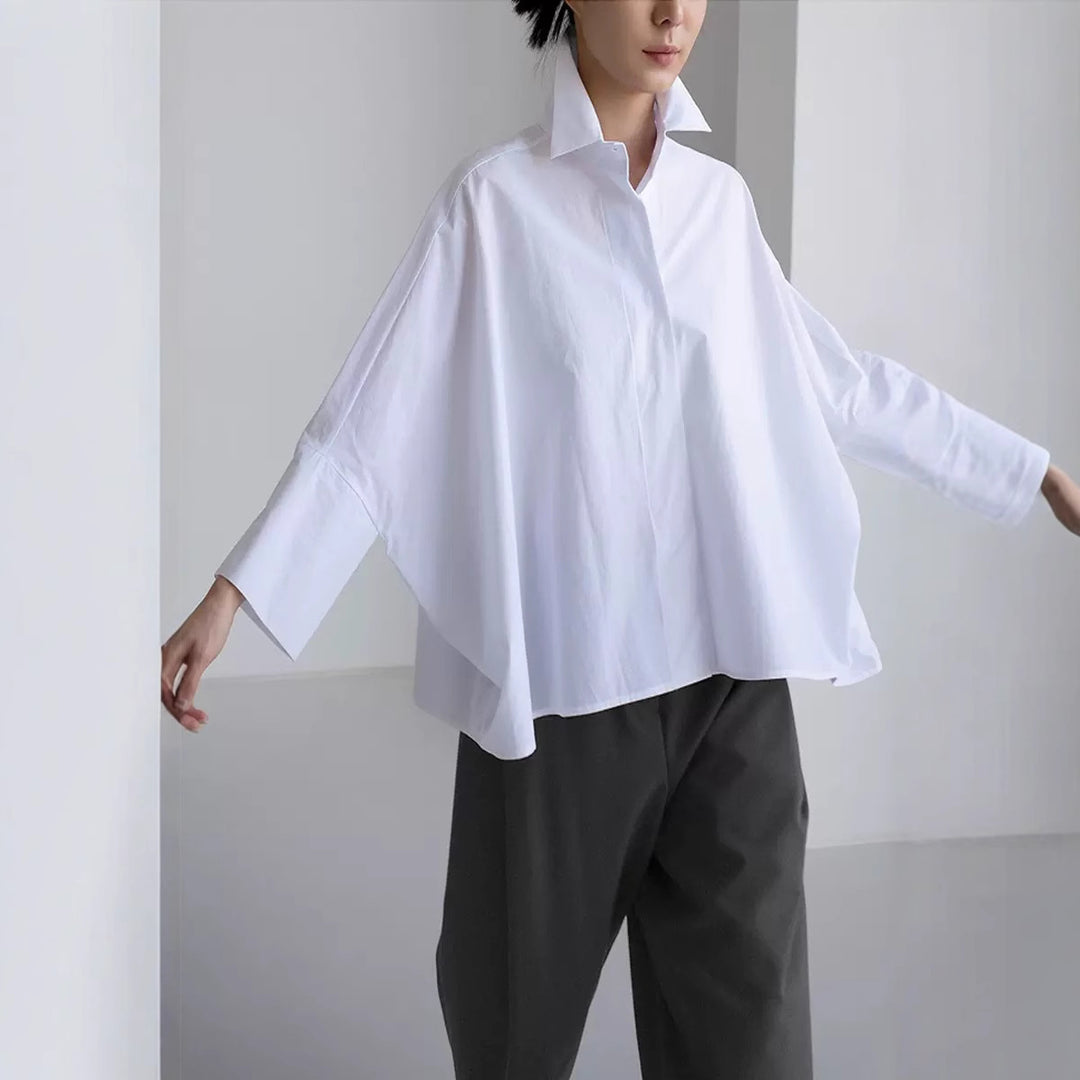 Damen Oversize-PopelinDruneluse mit Fledermausärmeln und verdeckter Knopfleiste Drune