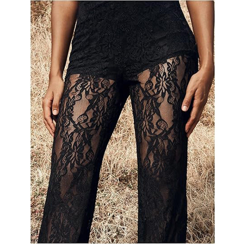 Damen elegante Spitzenhose mit hohem Bund und weit geschnittenem Bein Drune