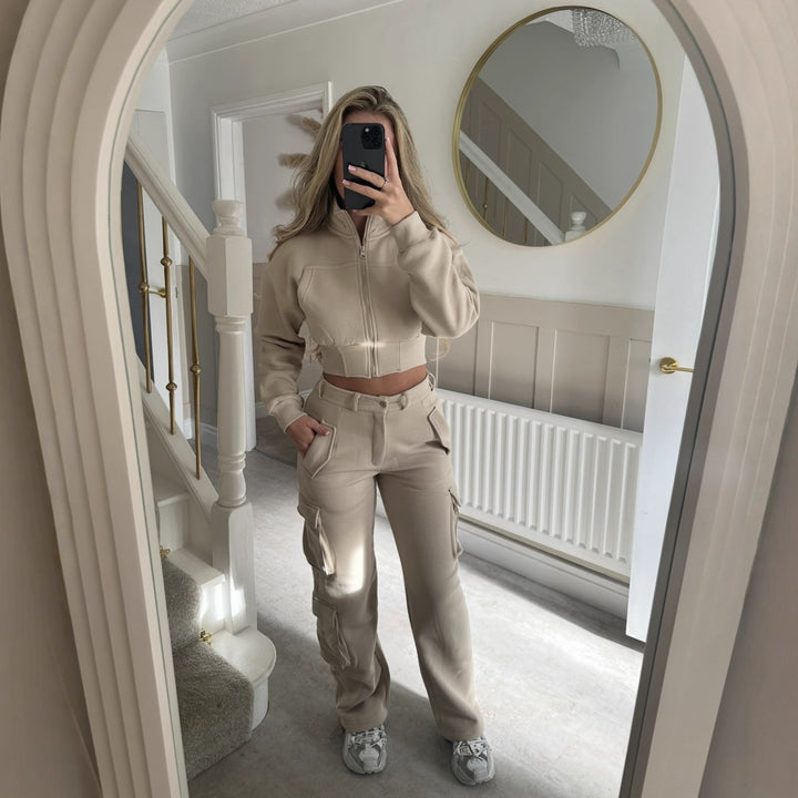 Damen modisches cropped Freizeit-Set mit funktionalem Reißverschluss und praktischen Taschen Drune