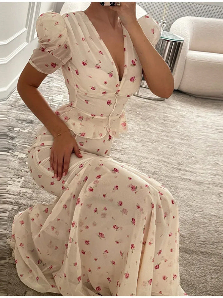 Damen Florales Satin-Midikleid mit tiefem V-Ausschnitt, Puffärmeln und taillierter Raffung Drune
