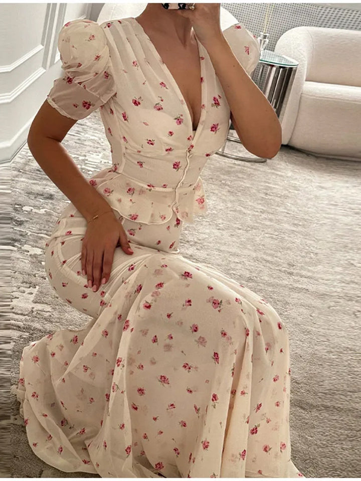 Damen Florales Satin-Midikleid mit tiefem V-Ausschnitt, Puffärmeln und taillierter Raffung Drune