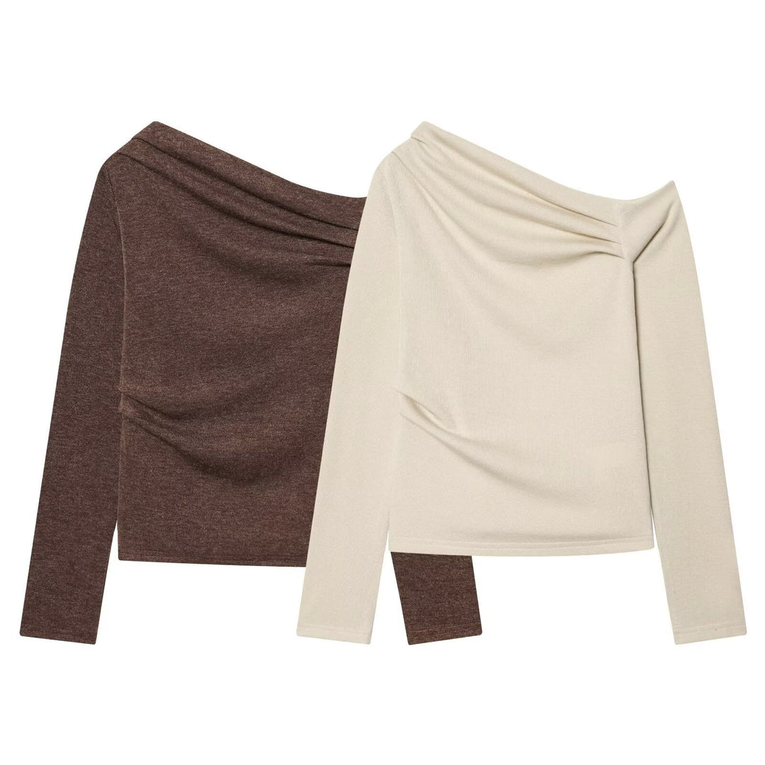 Damen Schulterfreier Feinstrick-Longsleeve mit drapiertem Wasserfallkragen Drune