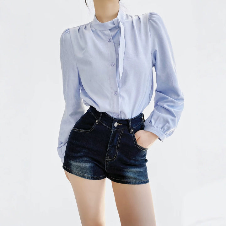 Damen Bluse mit Bindegurt und eleganten Puffärmeln Drune