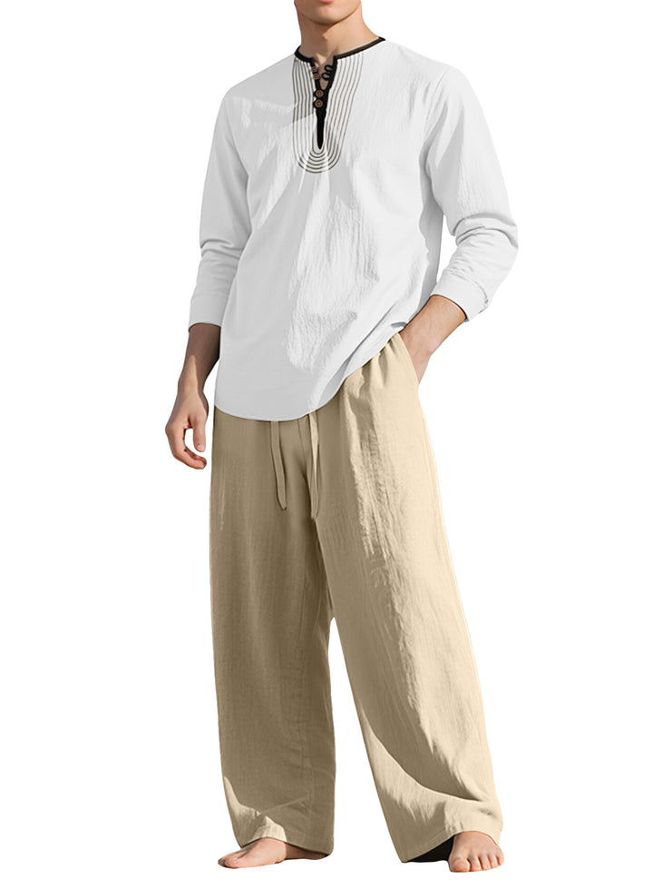 Herren nan Tunika- und Palazzohose-Set mit Henley-Blende, Zierstickerei und weitem Schnitt Drune