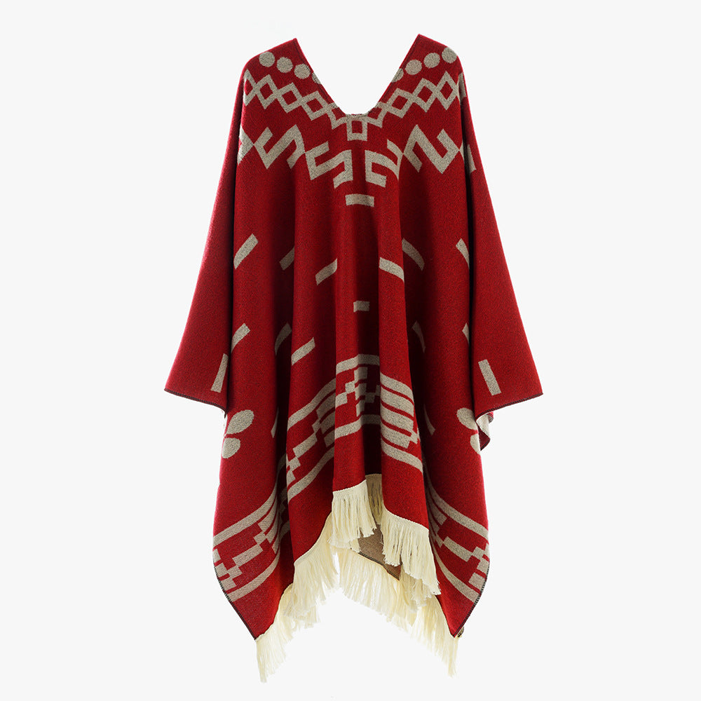 Damen V-Ausschnitt-Poncho im Jacquard-Strick mit Fransenabschluss Drune