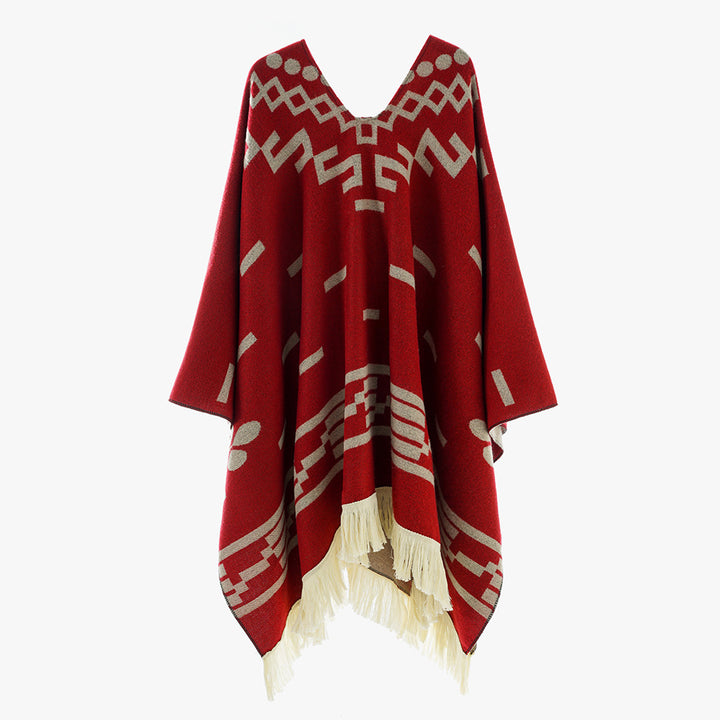 Damen V-Ausschnitt-Poncho im Jacquard-Strick mit Fransenabschluss Drune