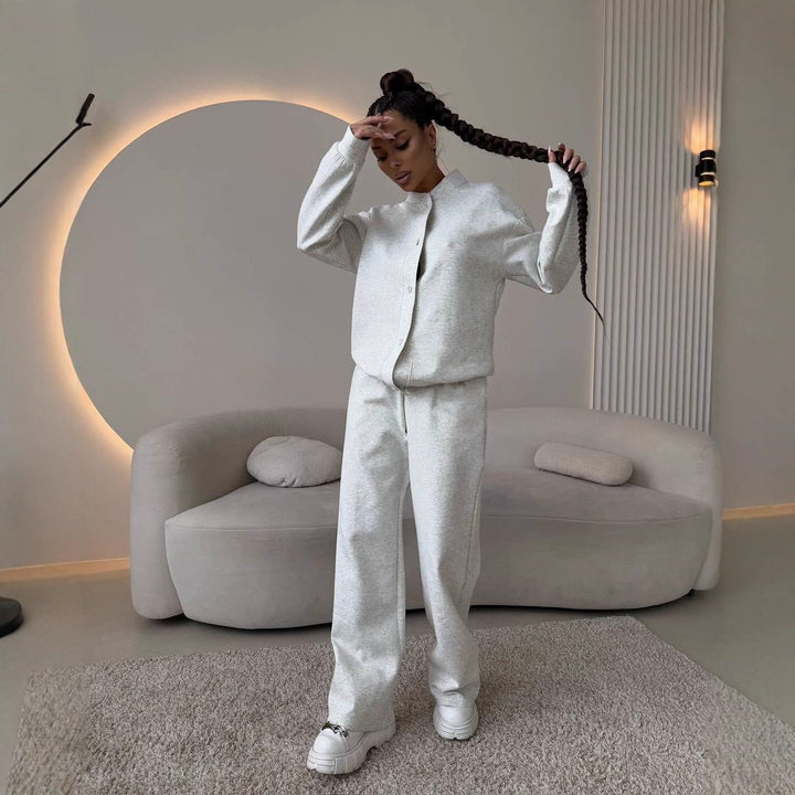 Damen Zweiteiliges Loungewear-Set mit Stehkragen, dekorativen Schmuckknöpfen und weitem Palazzo-Hosenbein Drune