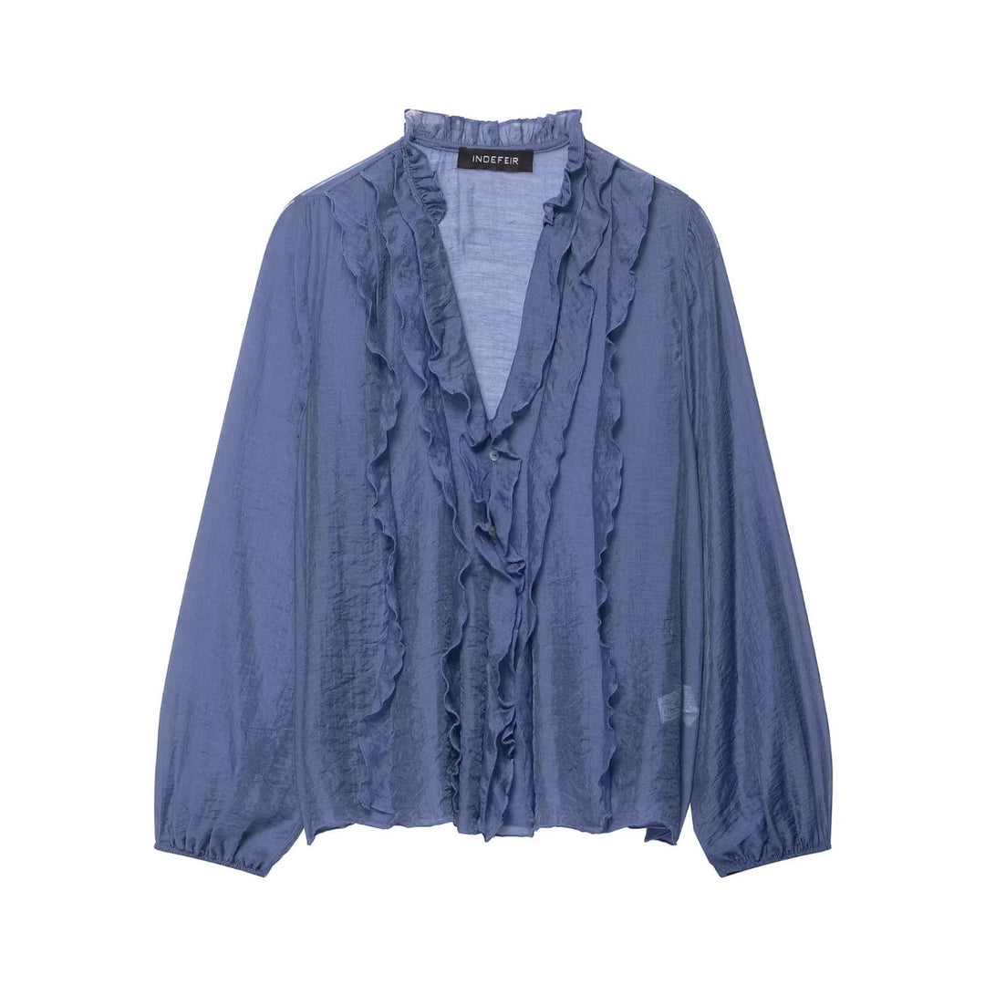 Damen Transparente Crinkle-Bluse mit Volantkragen, Rüschenfront und Ballonärmeln Drune
