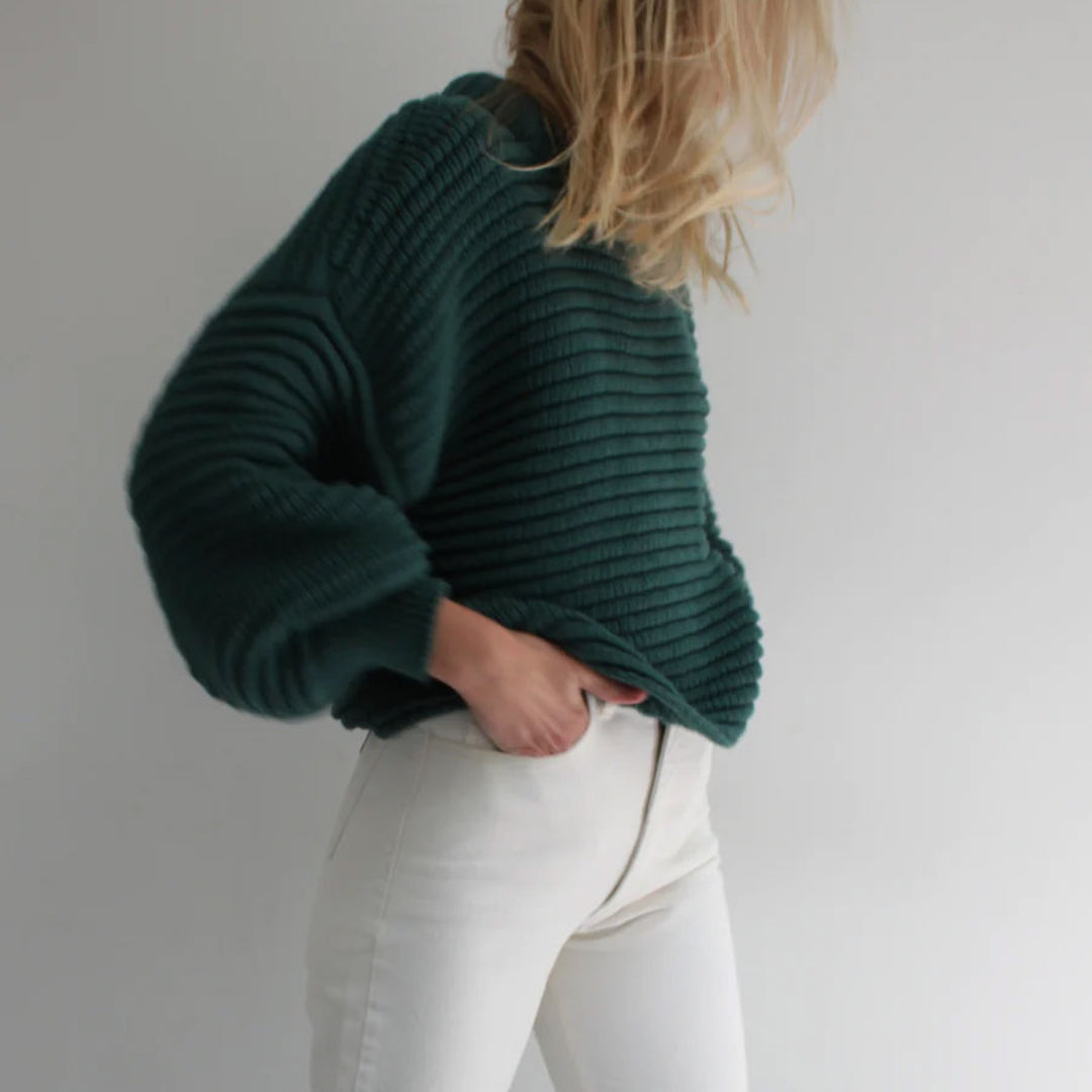 Damen lockerer Strickpullover mit hohem Kragen und breiten Rippbündchen Drune