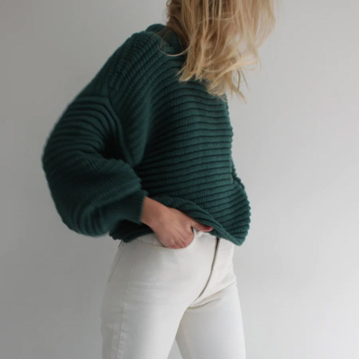 Damen lockerer Strickpullover mit hohem Kragen und breiten Rippbündchen Drune