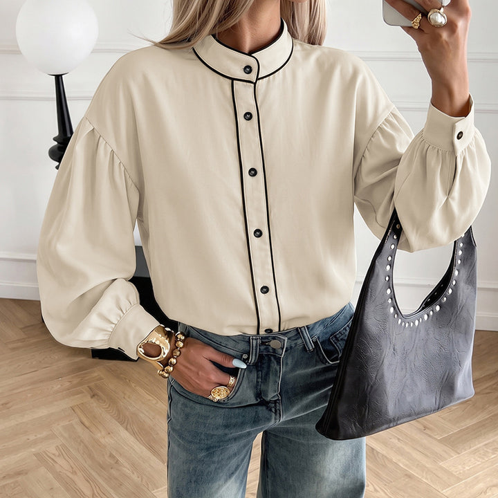 Damen Bluse mit Stehkragen, kontrastierender Paspelierung und Ballonärmeln Drune