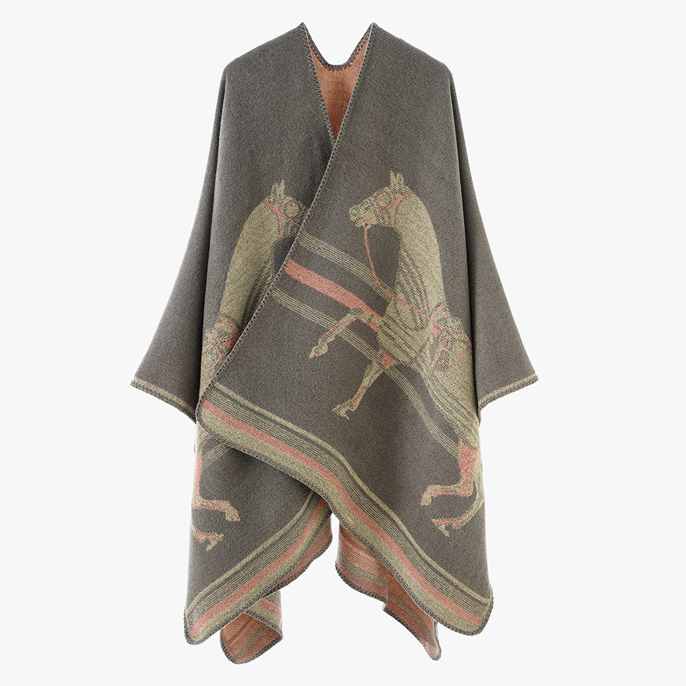 Damen Jacquard‑Poncho mit Pferdemotiv und weichem Wollmix Drune