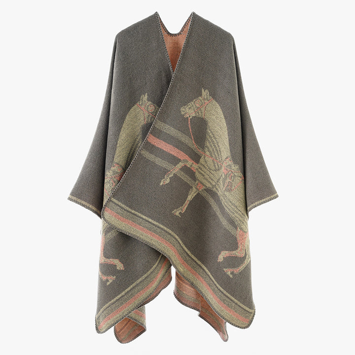 Damen Jacquard‑Poncho mit Pferdemotiv und weichem Wollmix Drune
