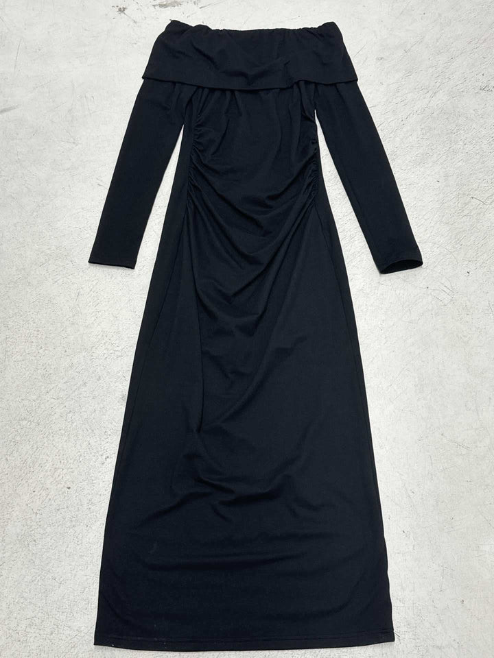 Damen nan figurbetontes Off-Shoulder-Maxikleid mit langen Ärmeln und Kontrastpaspeln Drune