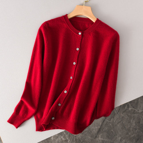 Damen Leichter Rundhals-Knopfcardigan in Kaschmiroptik mit feiner Rippkante und lässiger Silhouette Drune