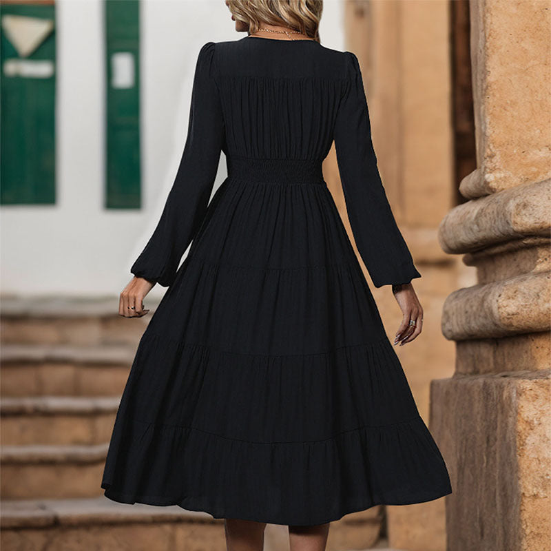 Damen Viskose‑Look Stufenkleid mit durchgehender Knopfleiste, taillierter Empire‑Naht und Ballonärmeln Drune
