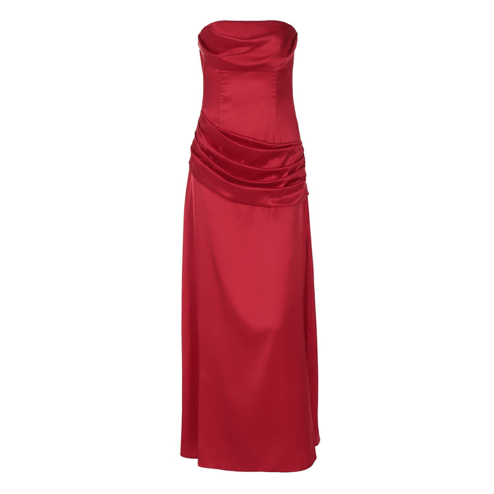 Damen elegantes Maxikleid mit raffiniertem Drapé und schulterfreiem Design Drune