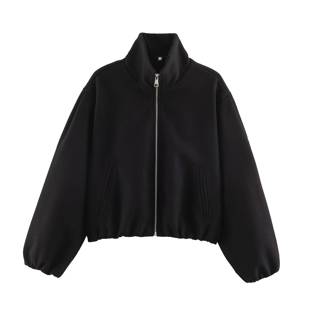 Damen Oversized Kurzblouson mit Stehkragen, Reißverschluss und elastischem Saum Drune