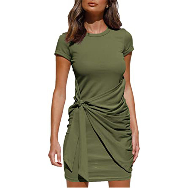 Damen Kurzarm Wickelkleid mit Raffung und Knoten Detail Drune
