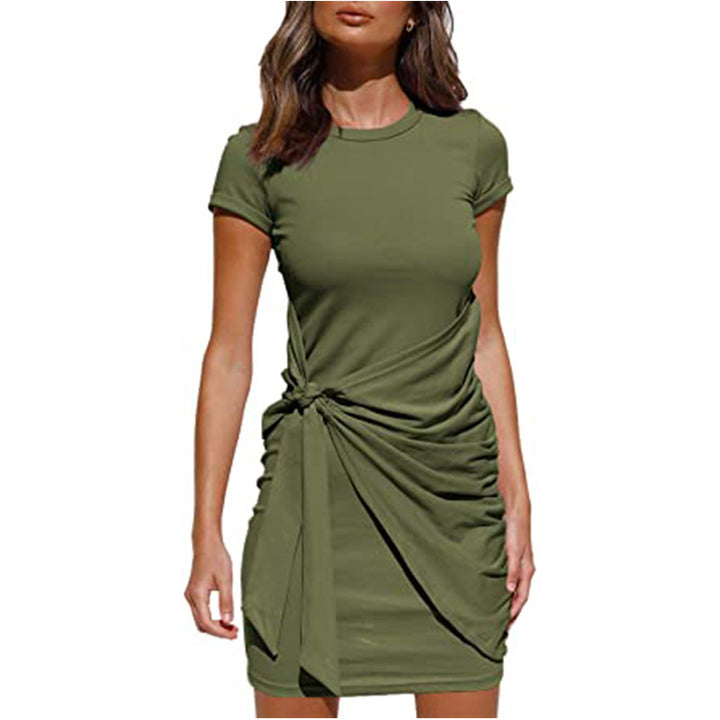 Damen Kurzarm Wickelkleid mit Raffung und Knoten Detail Drune