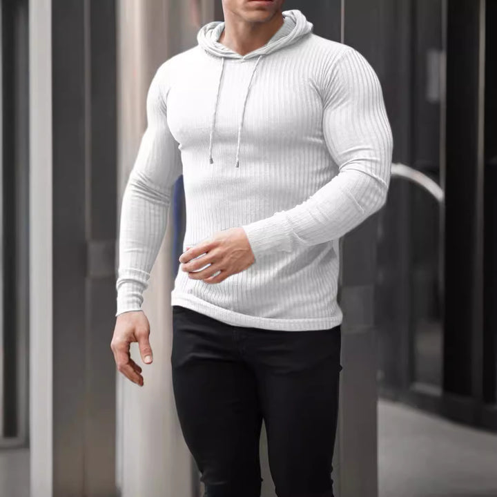 Herren eng anliegendes Rippstrick-Kapuzenlongsleeve mit Slim-Fit und Elastikanteil Drune