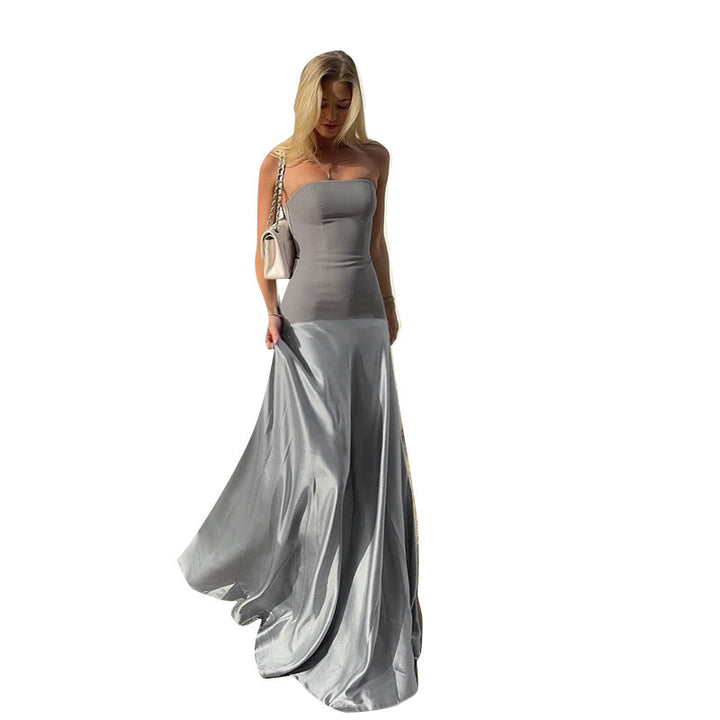 Damen bodenlanges Abendkleid mit trägerlosem Design und fließendem Satin Drune